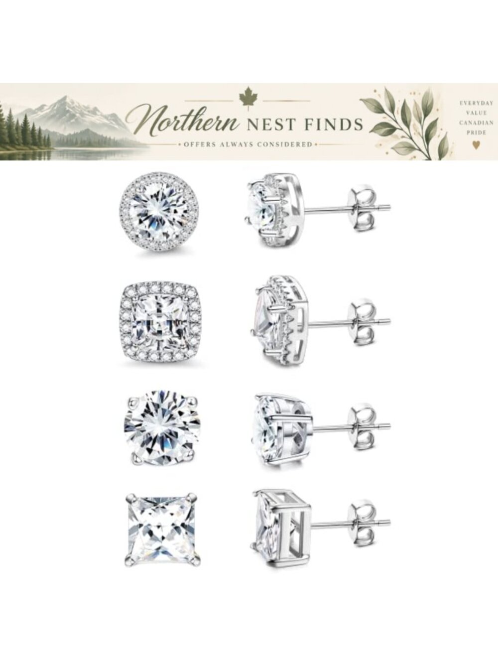 CZ Halo Stud Earrings 18K White Gold Plated Sterling Silver Post Hypoallergenic
